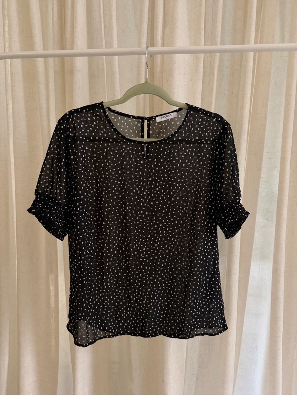 Pieces Black Polka Dot Short Sleeve Blouse with Ruched Sleeves